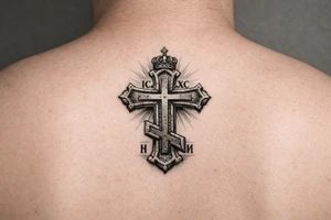 powerful serbian orthodox cross for ribs that later on can have children names incoportated later on, 15-25cm in height and with intricate details
 and black and grey fine detail tattoo idea