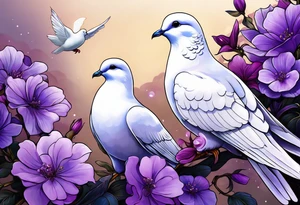 Purple flowers with a small realistic white dove coming from heaven to commemorate somebody that passed away. tattoo idea
