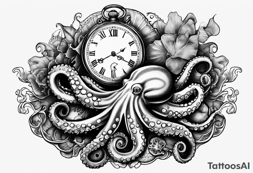 Octopus, pocket watch, seashells tattoo idea