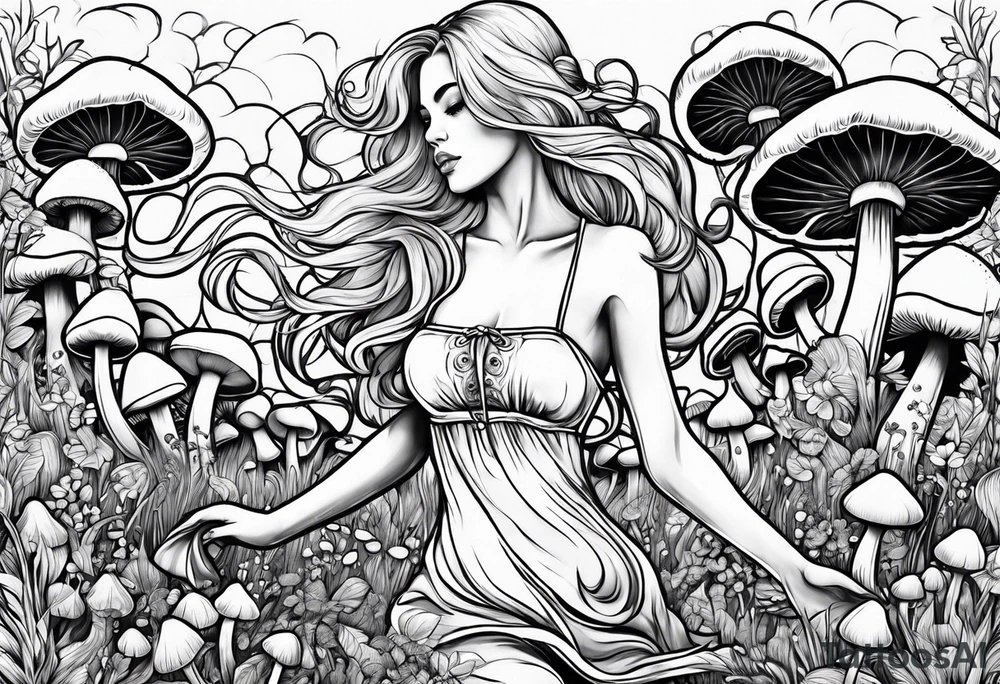 Blonde Girl dancing in field of mushrooms tattoo idea