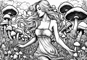 Blonde Girl dancing in field of mushrooms tattoo idea