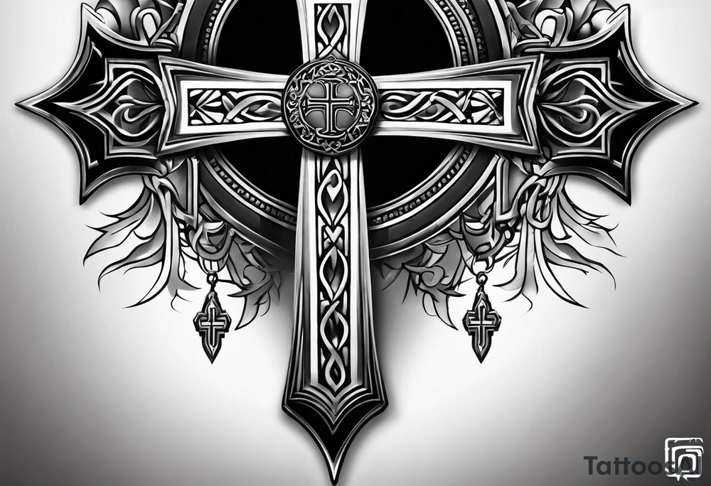 Men’s right pectoral and upper neck tattoo of Coptic Christian cross with black and white fading. Tattoo needs to be realistic with Christian orthodox tone. tattoo idea