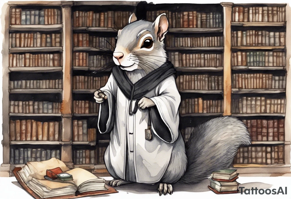 an elderly grey squirrel with a white beard and mustache wearing a black robe and spectacles standing in an ancient library tattoo idea
