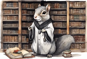 an elderly grey squirrel with a white beard and mustache wearing a black robe and spectacles standing in an ancient library tattoo idea