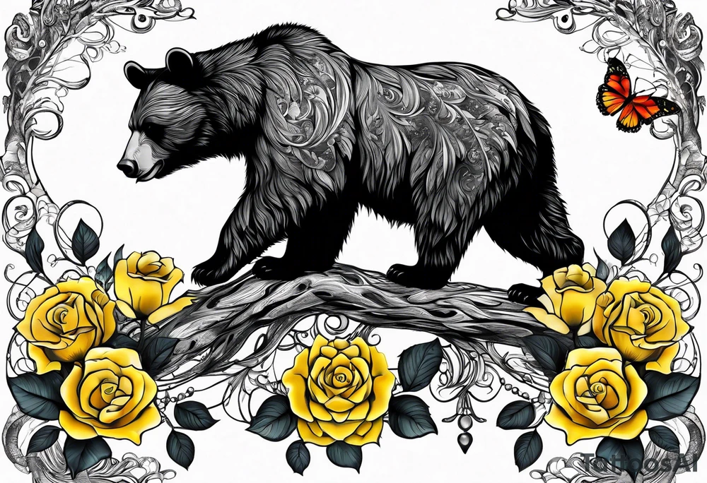 A bear with three yellow roses, three butterflies, and the tree of life tattoo idea