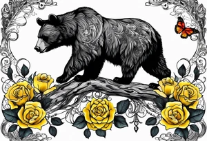 A bear with three yellow roses, three butterflies, and the tree of life tattoo idea
