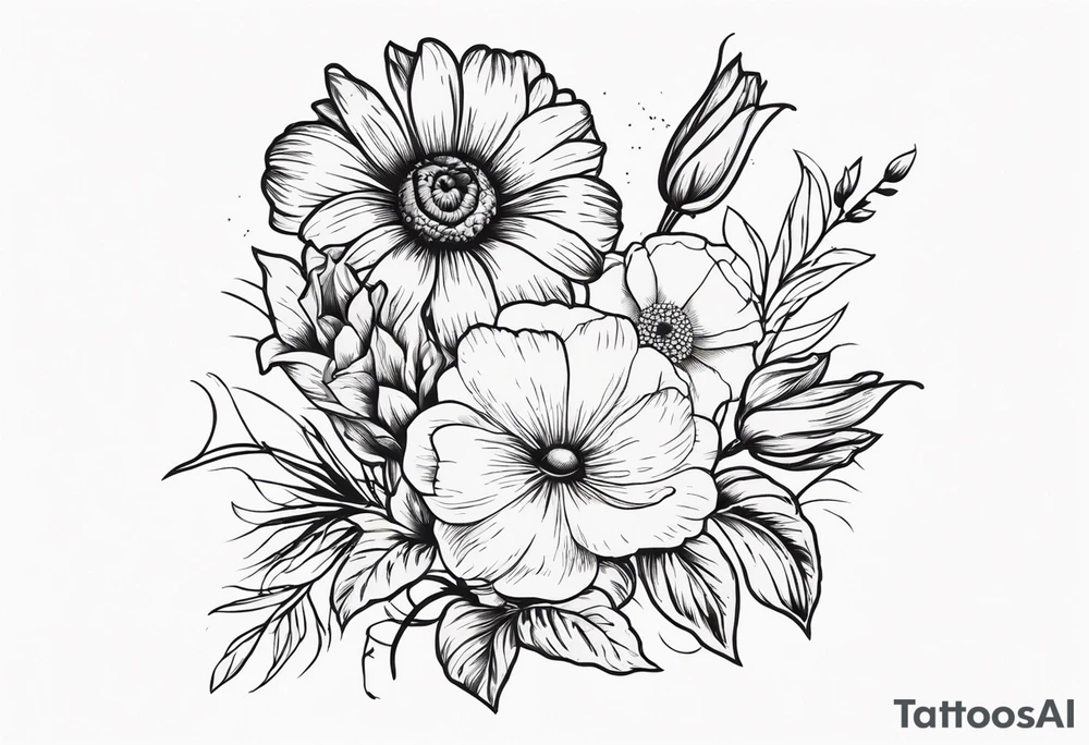 A vintage vertical design of a daisy and a rose with gladiolus flowers and poppies weaving through tattoo idea