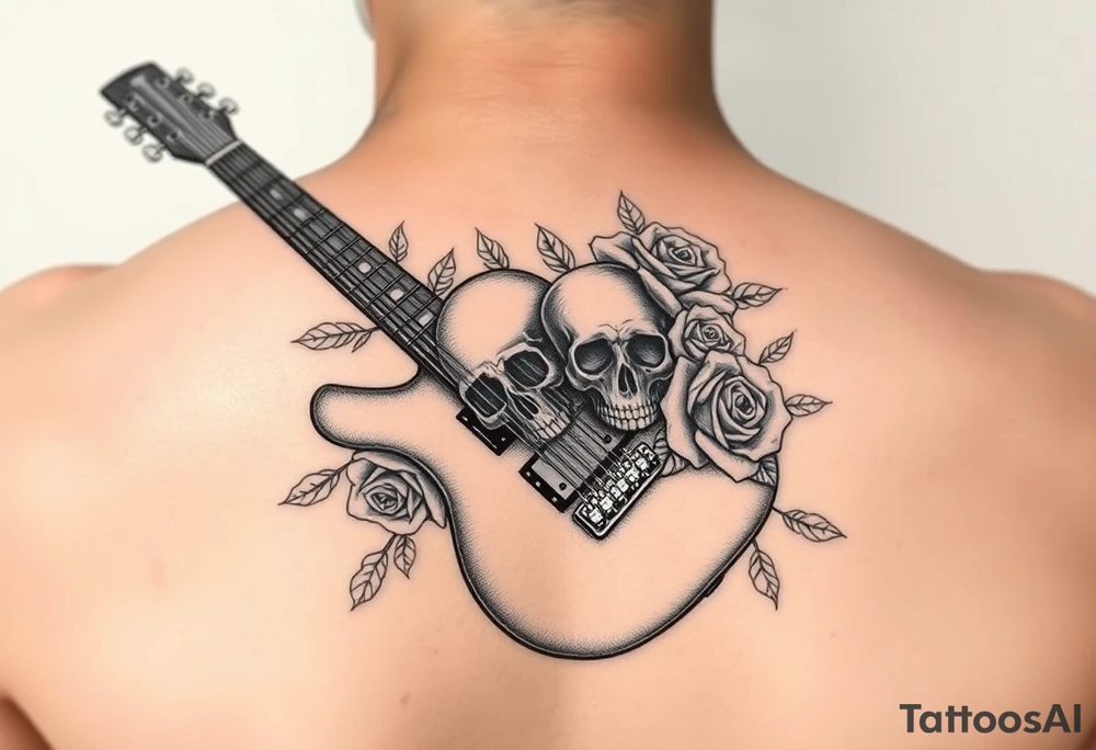 Electric guitar with skulls and roses on it tattoo idea