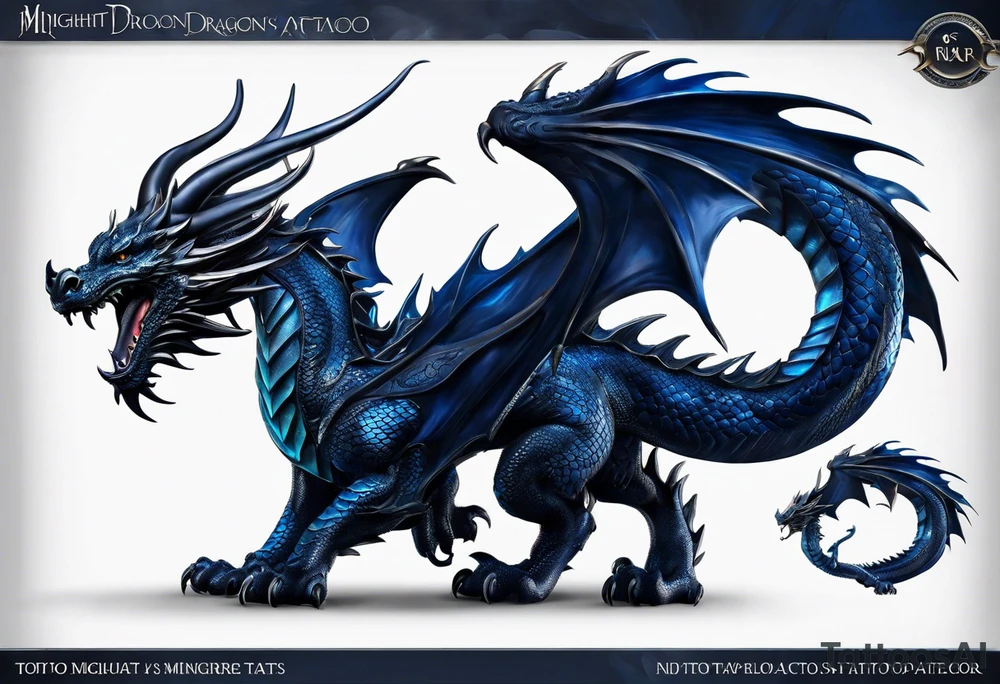 An epic floating dragon. Its long body coiling dynamically, with scales and horns detailed to create a sense of movement and strength. The dragon's main color is midnight blue, giving a vibrant depth and a mystical aura. This tattoo highlights the dragon’s fierce expression and sharp claws. tattoo idea