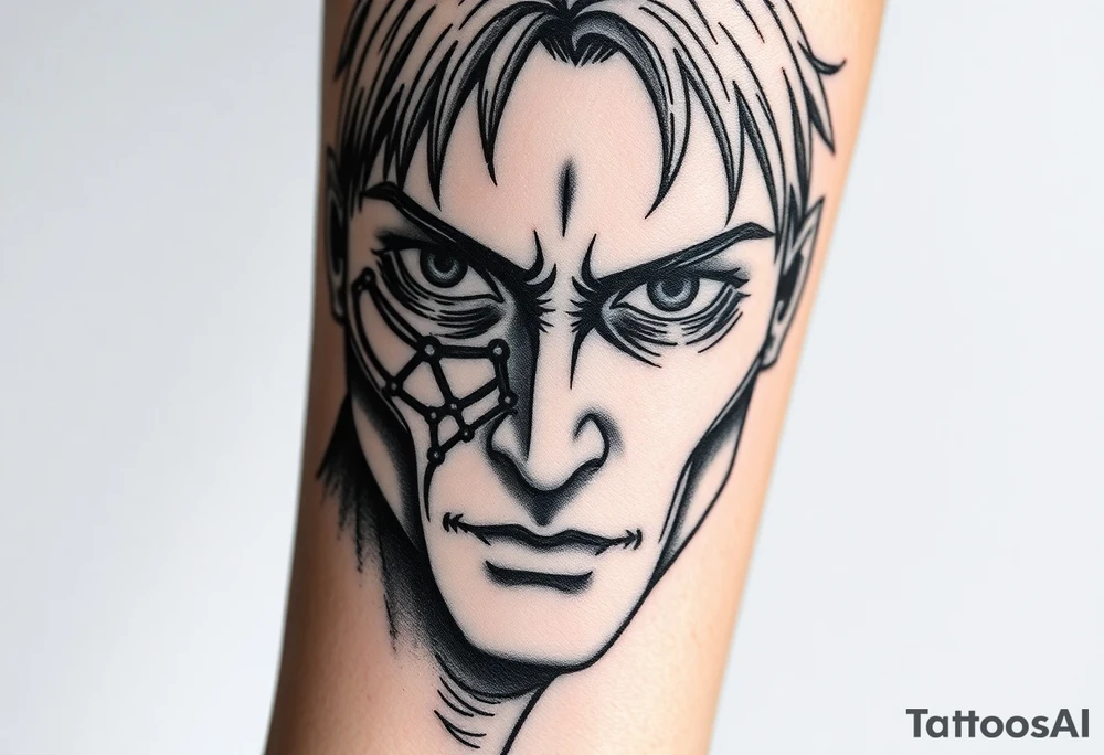 Face of eren jaeger after transforming from titan, with titan marks on his eyes tattoo idea