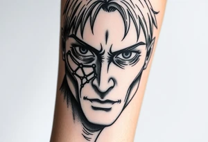 Face of eren jaeger after transforming from titan, with titan marks on his eyes tattoo idea