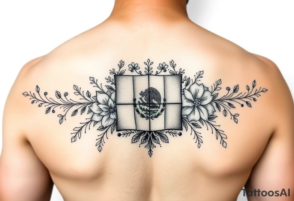 Small, feminine tattoo for placement on my clavical or lower back that reflects new life journey, delicate florals, ornaments and vines. Include Mexican flag and images of Mexican flowers. Style as four tile layout. Can you make it smaller? tattoo idea