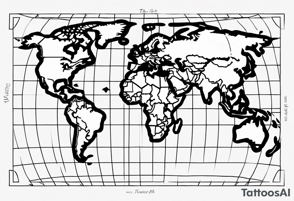 the earth on a flat map with light fading shading placed on a grid with only the lines with accurate depictions of the borders in countries while having it in an oval/circular position on a grid without any borders on the sides tattoo idea