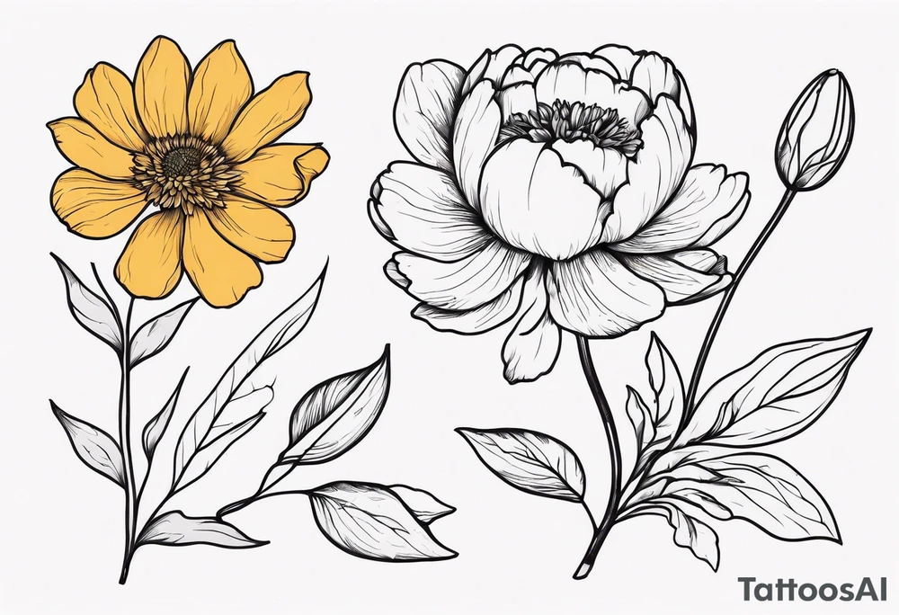 peony, calendula, sunflower, tulip, cherry blossom, ginko leaf tattoo idea