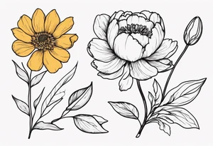 peony, calendula, sunflower, tulip, cherry blossom, ginko leaf tattoo idea