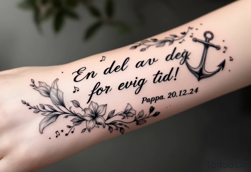 make a quote that says "En del av deg for evig tid! Pappa 20.12.24" Surrounded by gladiolus, music notes, hearts and an anchor tattoo idea