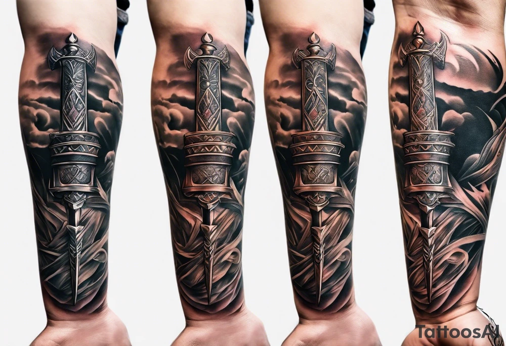 Forearm tattoo of Roman blade with father and son hands around blade tattoo idea