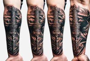 Forearm tattoo of Roman blade with father and son hands around blade tattoo idea