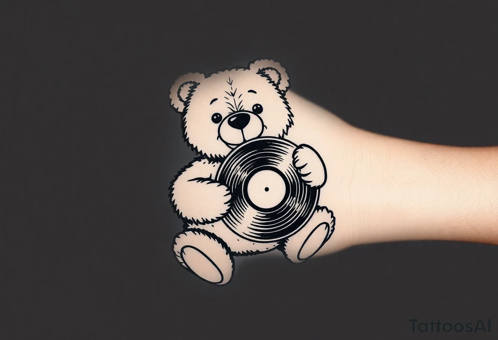 minimalist teddy bear smiling and holding a vinyl record tattoo idea