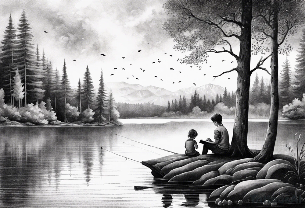 forearm tattoo set on a lake. There is a little boy sitting next to a little girl. The little boy is fishing and the little girl is reading. There are trees surrounding the lake. tattoo idea