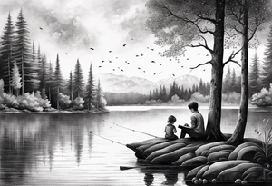 forearm tattoo set on a lake. There is a little boy sitting next to a little girl. The little boy is fishing and the little girl is reading. There are trees surrounding the lake. tattoo idea