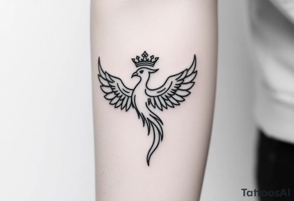 Minimal phoenix and crown fine lines tattoo idea