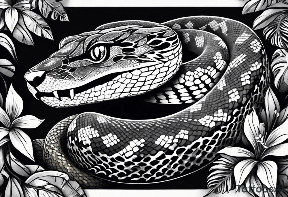 Black and grey realism with a pit viper snake, jaguar, and rainforest background for a forearm sleeve. Create the snake and jaguar to have aggressive features tattoo idea
