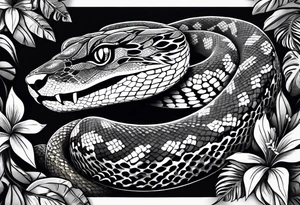Black and grey realism with a pit viper snake, jaguar, and rainforest background for a forearm sleeve. Create the snake and jaguar to have aggressive features tattoo idea