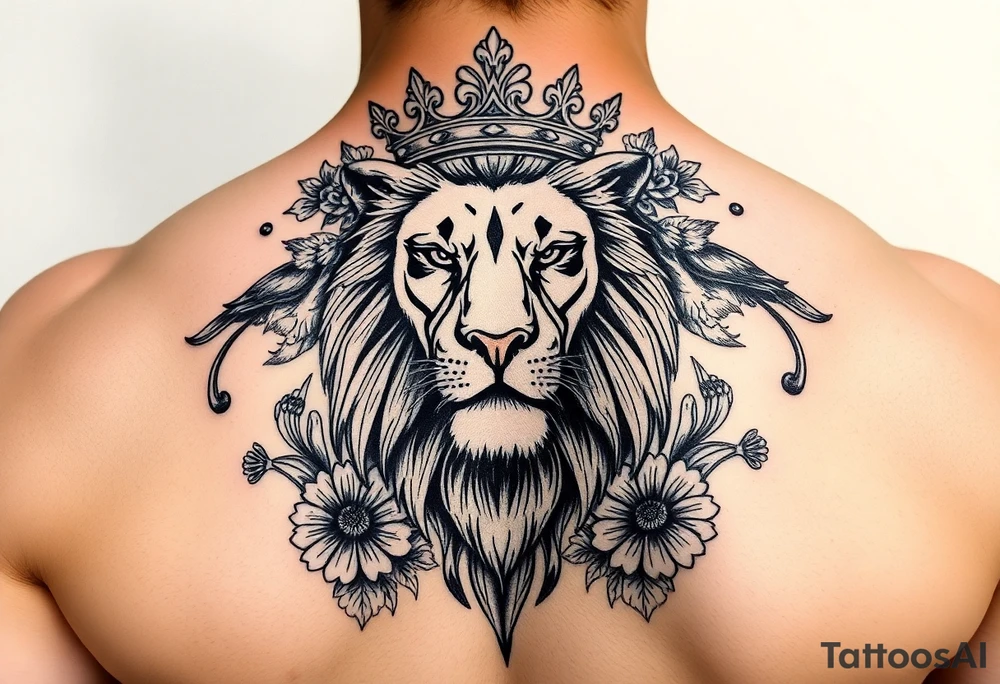 powerful majestic lion with a crown, surrounded by floral ornaments and birds tattoo idea
