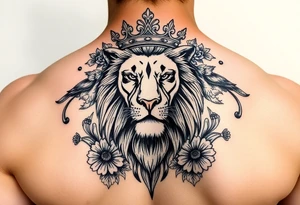 powerful majestic lion with a crown, surrounded by floral ornaments and birds tattoo idea