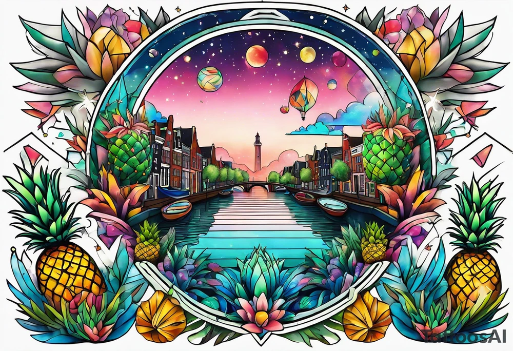 tattoo of glass animals in Amsterdam canal featuring colours of galaxies and the universe and pineapples tattoo idea