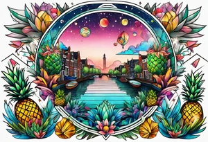 tattoo of glass animals in Amsterdam canal featuring colours of galaxies and the universe and pineapples tattoo idea