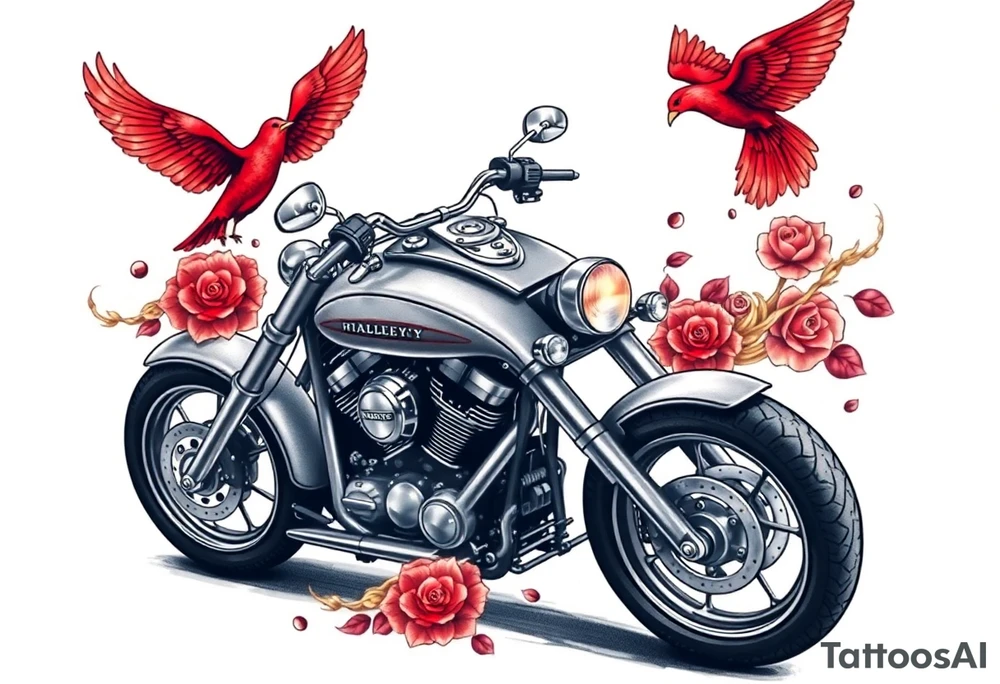Harley grey motorcycle driving away, two red birds flying, roses, flames, angel wings tattoo idea