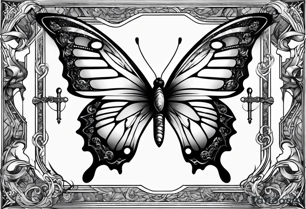 Butterfly with sword in the middle tattoo idea Butterfly with sword in the middle tattoo idea