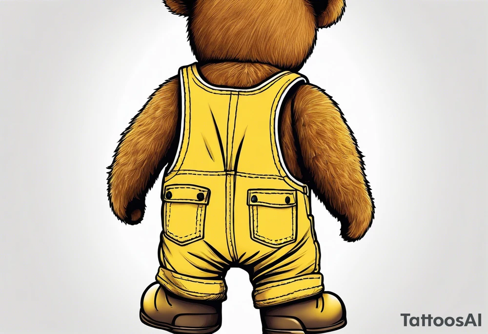 image of the back of a light brown teddy bear standing in yellow overalls, striped tank top and wearing boots tattoo idea