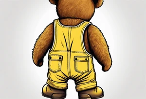 image of the back of a light brown teddy bear standing in yellow overalls, striped tank top and wearing boots tattoo idea