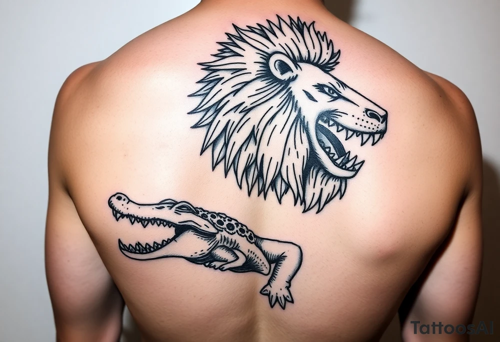 powerful majestic lion crocodile tattoo idea