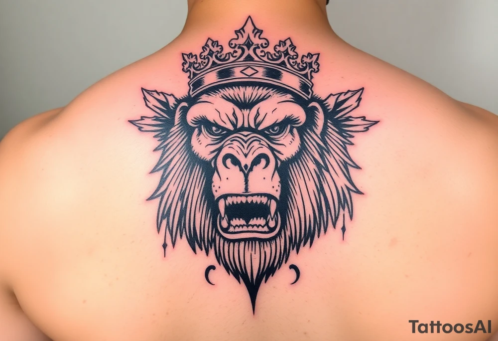 Powerful king kong with crown and majestic features around it tattoo idea