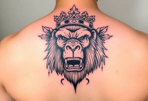 Powerful king kong with crown and majestic features around it tattoo idea