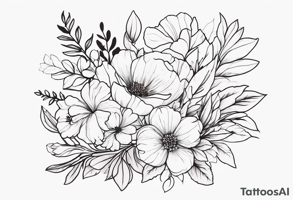 fine line floral bouquet tattoo idea