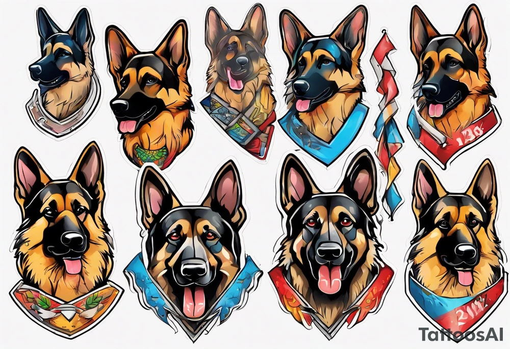 German Shepherd with banner underneath brightly colored tattoo idea