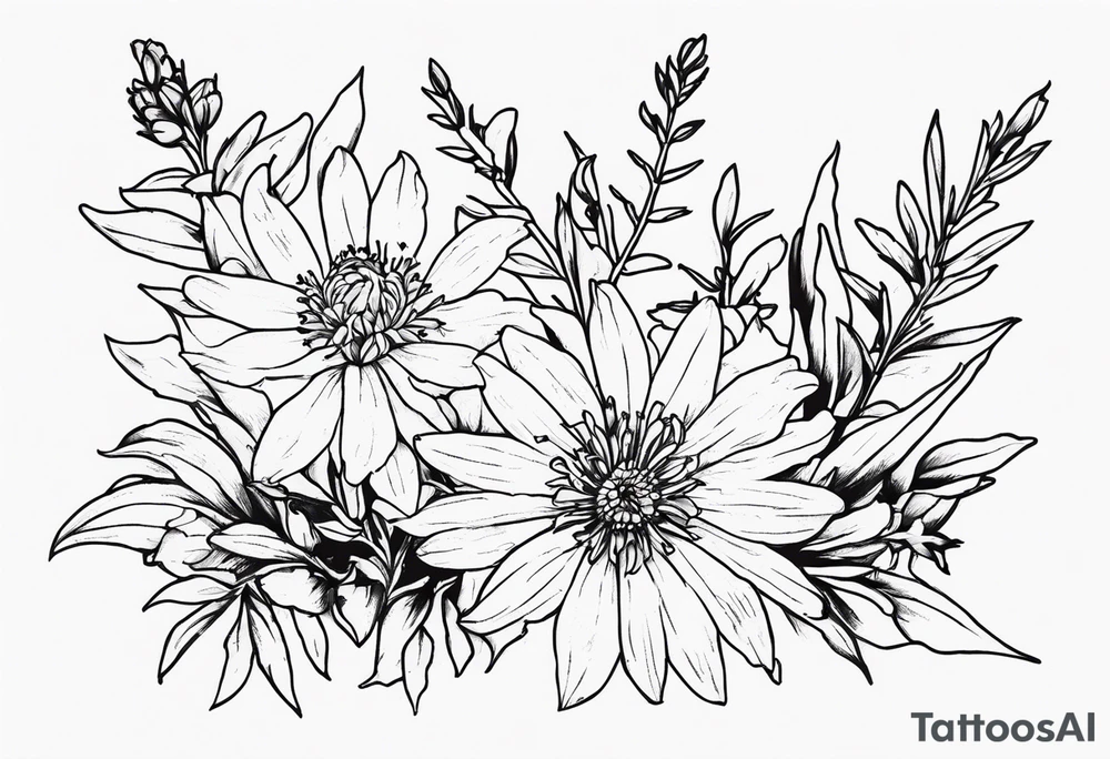 Aster and larkspur bouquet tattoo idea
