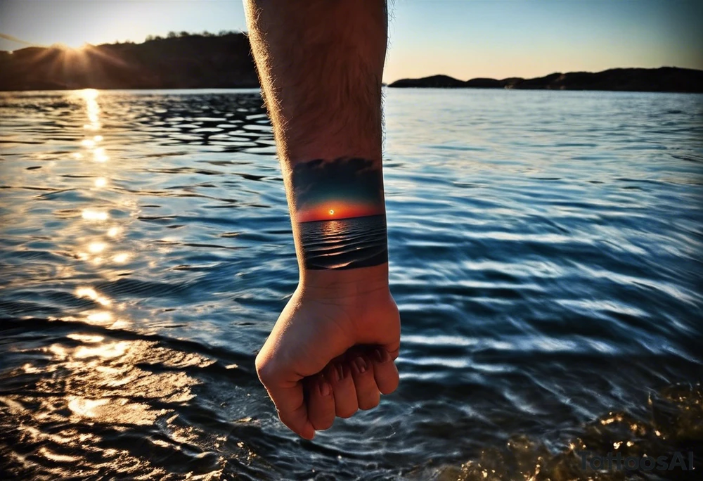 This is an extremely simple and minimalistic tattoo on male forearm. The tattoo is very wide on the forearm and not tall or round. From the perspective of being on the ocean, Water is calm, with no waves in sight, the sun is setting behind the ocean, reflecting light onto the ocean. tattoo idea