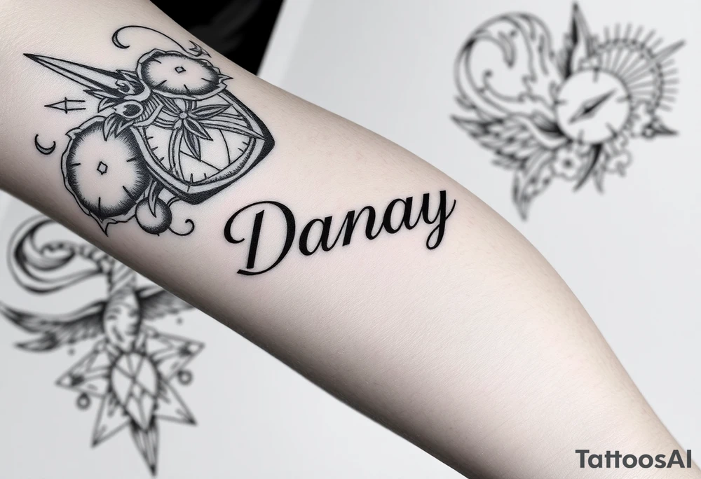the name Danay, with a background other cool designs that fills up the whole forearm tattoo idea