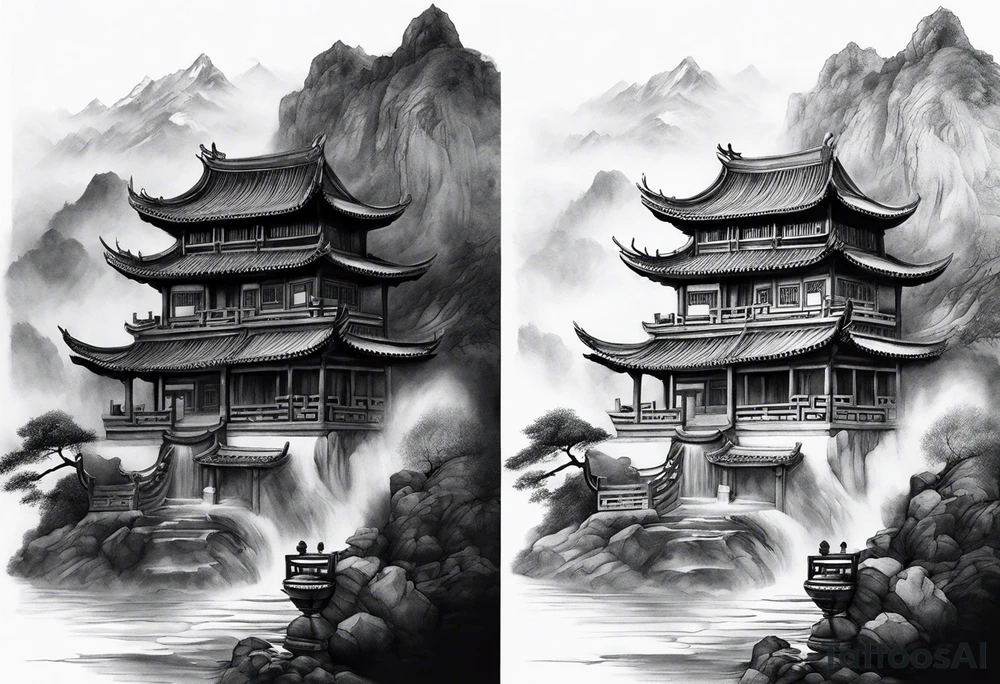 forearm sleeve traditional chinese art painting Chinese temple two old philosophers wearing robes and drinking tea mountains mist fog waterfall tattoo idea