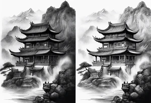 forearm sleeve traditional chinese art painting Chinese temple two old philosophers wearing robes and drinking tea mountains mist fog waterfall tattoo idea