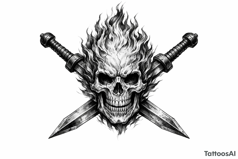 A skeletal head ablaze, framed by crossed gladius swords. tattoo idea
