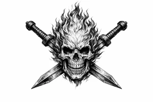 A skeletal head ablaze, framed by crossed gladius swords. tattoo idea