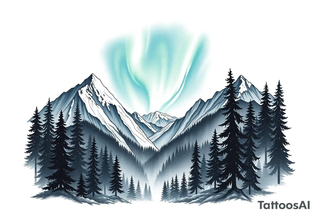 forest mountains under the northen lights tattoo idea