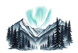 forest mountains under the northen lights tattoo idea
